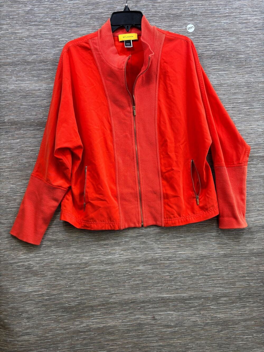 St John Jacket Womens L Orange Knit Full Zip Stretch Pockets Collared Short